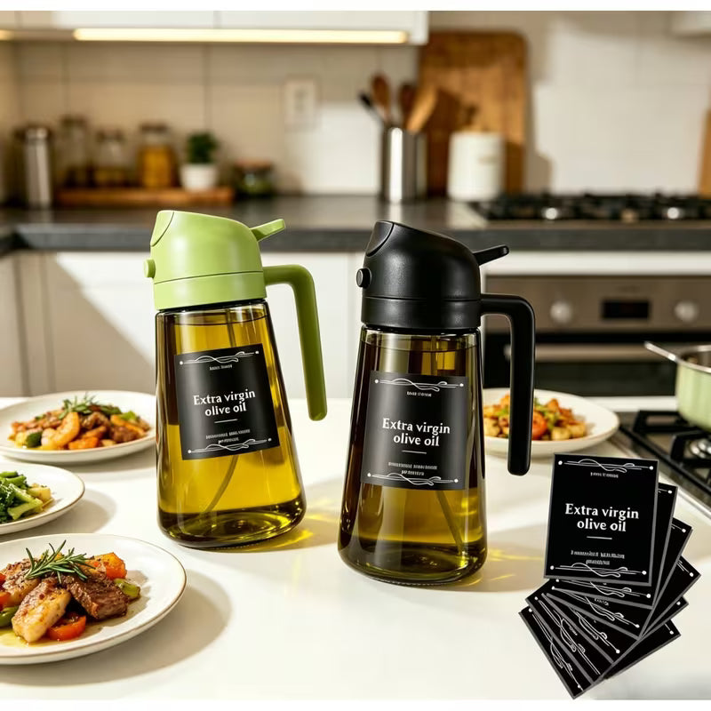 2 Kitchen Glass Olive Oil Bottles with 6 Stickers